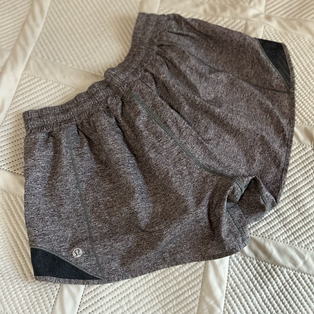 Lululemon Hotty Hot low-rise lined running short in a gray heathered color. 